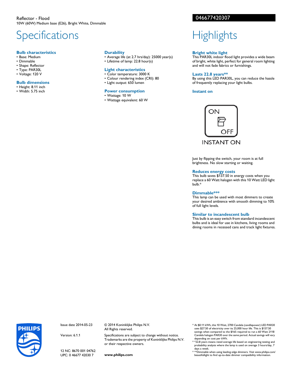 Specifications, Highlights | Philips 046677420307 User Manual | Page 2 / 2