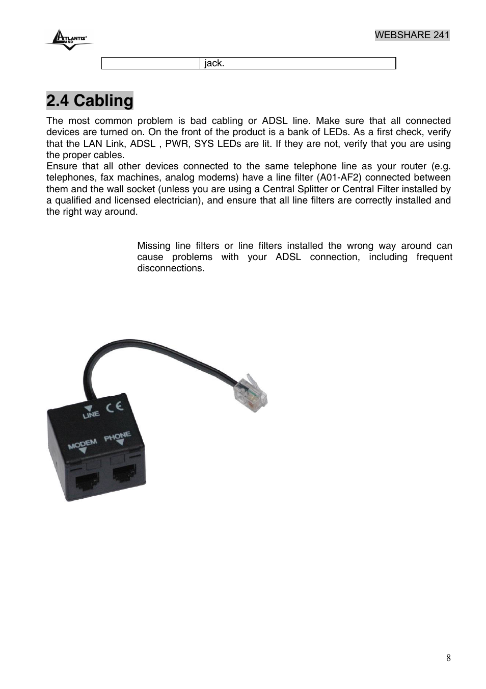 4 cabling | Atlantis Land WebShare 241 ROUTER ADSL2+ A02-RA241 User Manual | Page 14 / 82