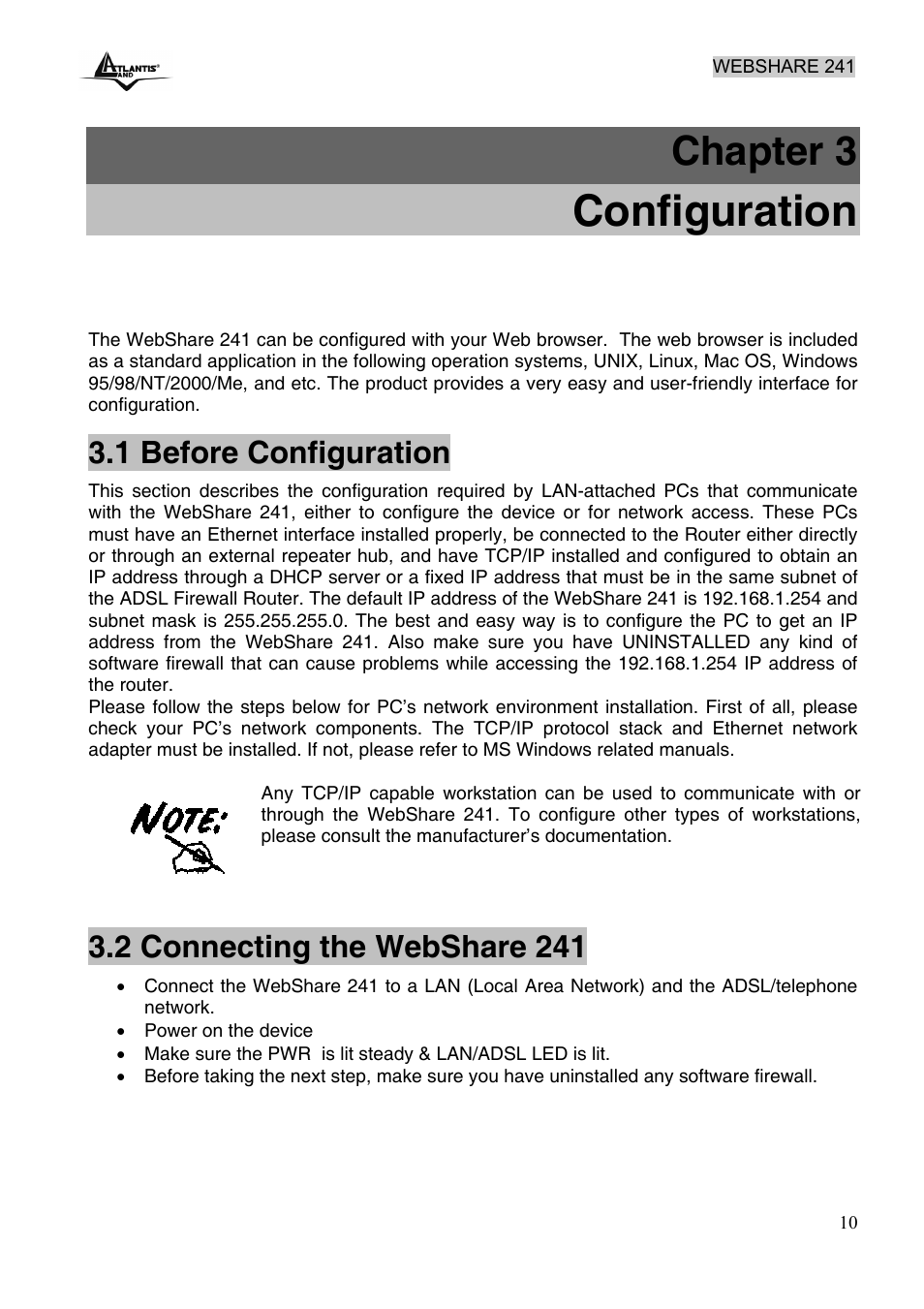 Configuration, Chapter 3, 1 before configuration | 2 connecting the webshare 241 | Atlantis Land WebShare 241 ROUTER ADSL2+ A02-RA241 User Manual | Page 16 / 82