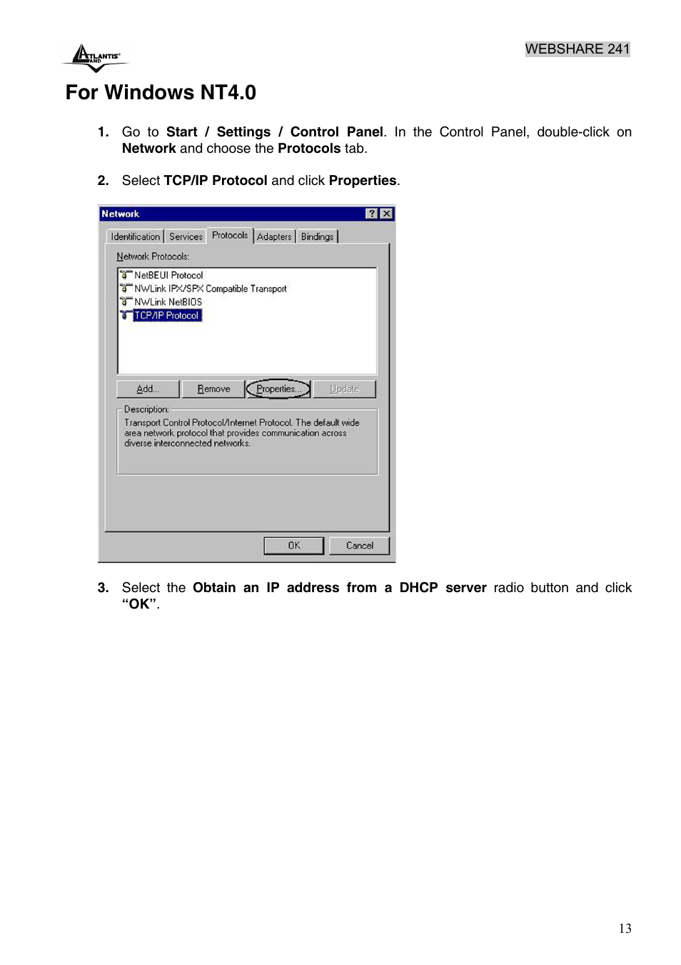 For windows nt4.0 | Atlantis Land WebShare 241 ROUTER ADSL2+ A02-RA241 User Manual | Page 19 / 82