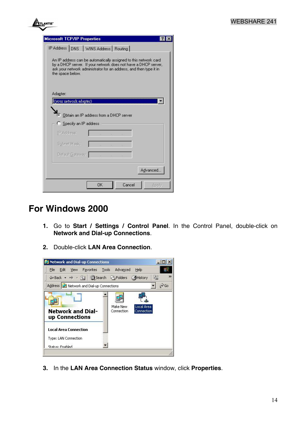 For windows 2000 | Atlantis Land WebShare 241 ROUTER ADSL2+ A02-RA241 User Manual | Page 20 / 82