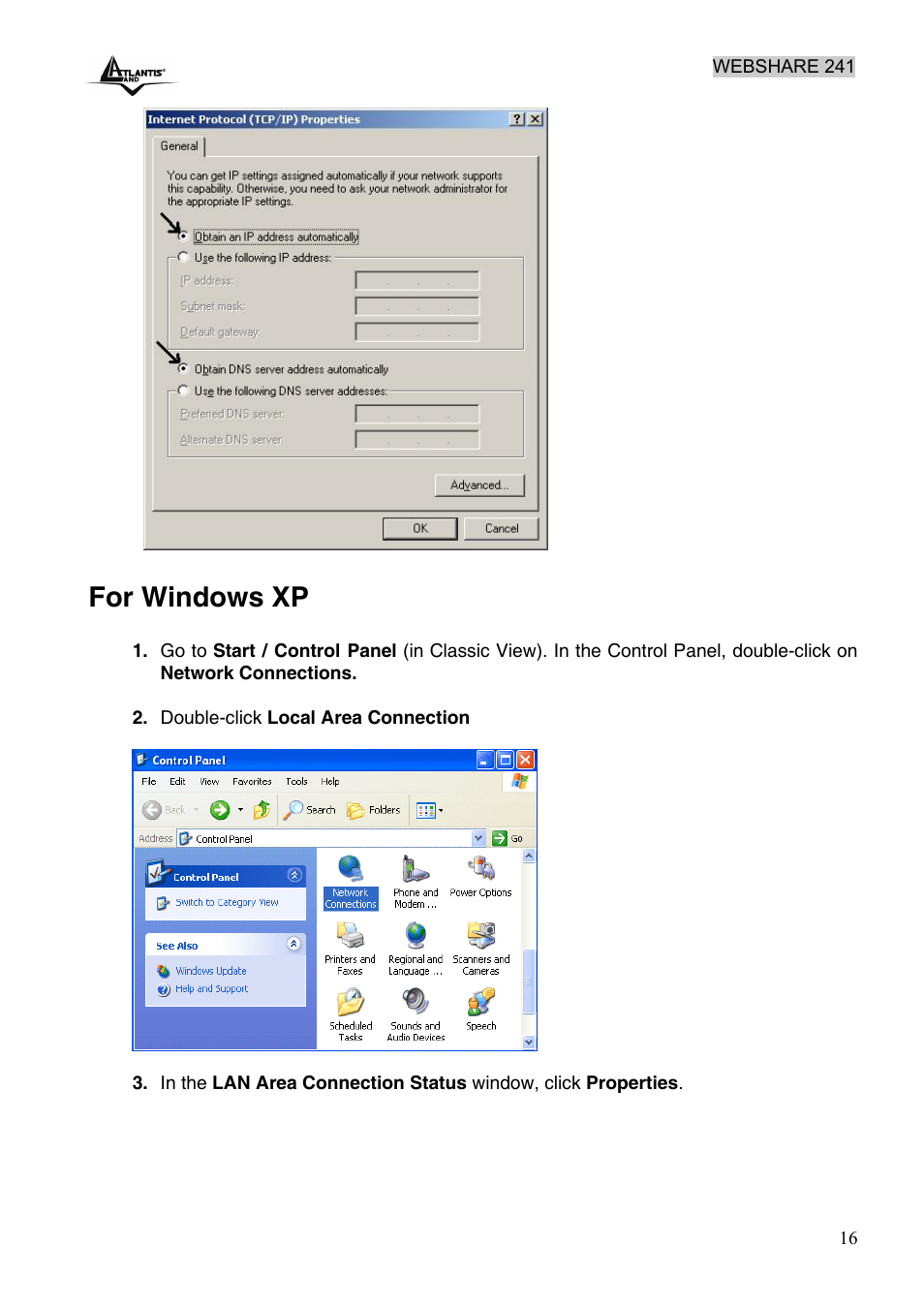 For windows xp | Atlantis Land WebShare 241 ROUTER ADSL2+ A02-RA241 User Manual | Page 22 / 82