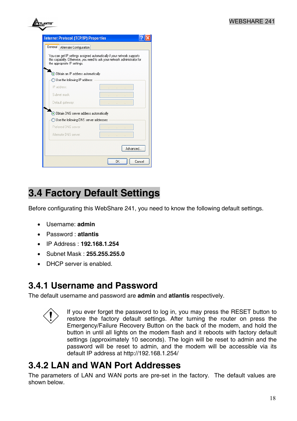 4 factory default settings, 1 username and password, 2 lan and wan port addresses | Atlantis Land WebShare 241 ROUTER ADSL2+ A02-RA241 User Manual | Page 24 / 82