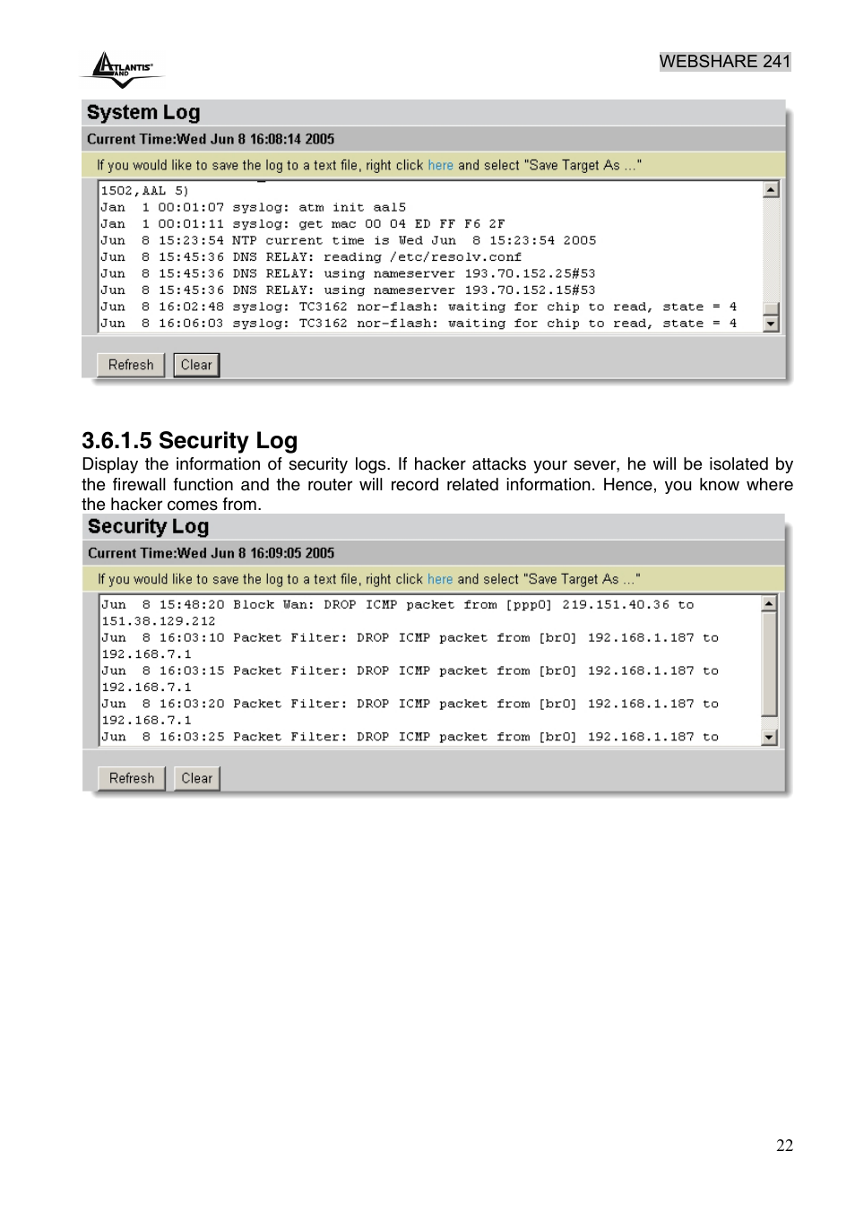 5 security log | Atlantis Land WebShare 241 ROUTER ADSL2+ A02-RA241 User Manual | Page 28 / 82