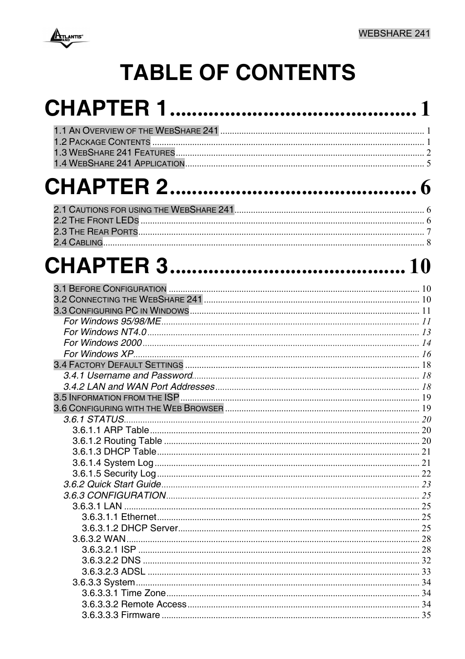 Table of contents chapter 1, Chapter 2, Chapter 3 | Atlantis Land WebShare 241 ROUTER ADSL2+ A02-RA241 User Manual | Page 4 / 82