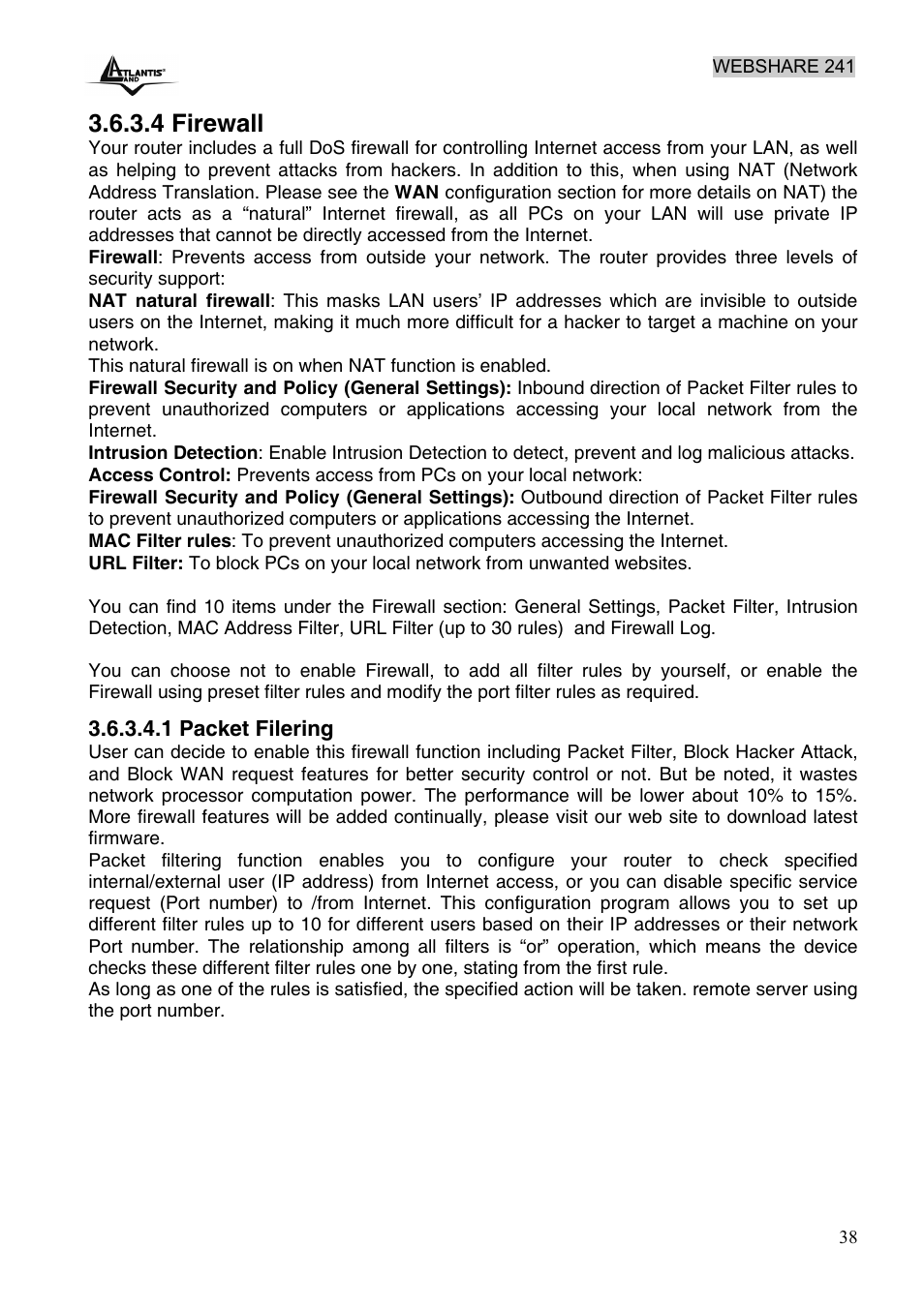 4 firewall | Atlantis Land WebShare 241 ROUTER ADSL2+ A02-RA241 User Manual | Page 44 / 82