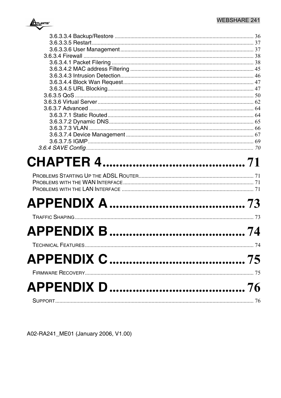 Chapter 4, Appendix a, Appendix b | Appendix c, Appendix d | Atlantis Land WebShare 241 ROUTER ADSL2+ A02-RA241 User Manual | Page 5 / 82