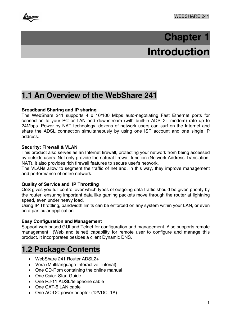 Introduction, Chapter 1, 1 an overview of the webshare 241 | 2 package contents | Atlantis Land WebShare 241 ROUTER ADSL2+ A02-RA241 User Manual | Page 7 / 82