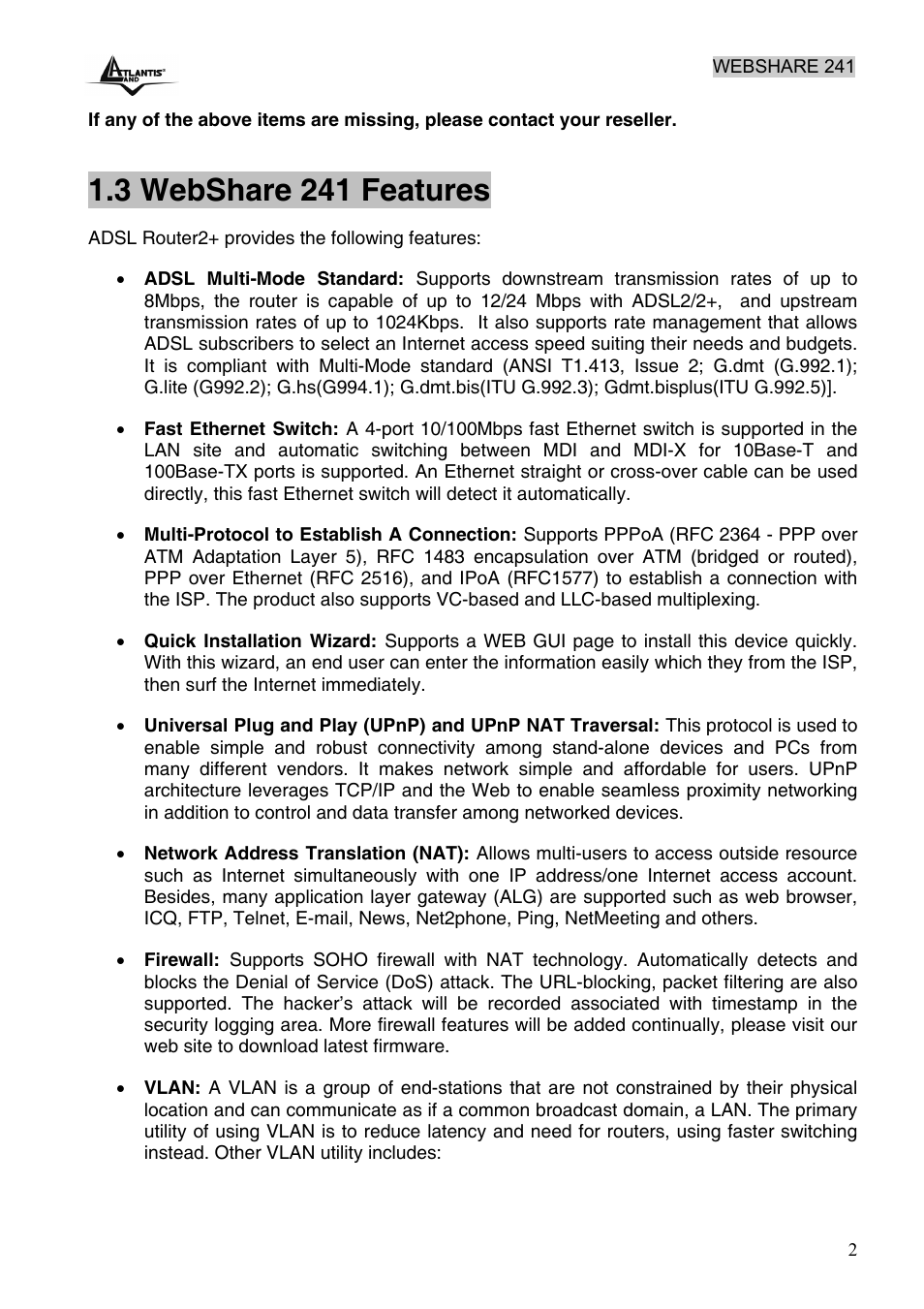 3 webshare 241 features | Atlantis Land WebShare 241 ROUTER ADSL2+ A02-RA241 User Manual | Page 8 / 82