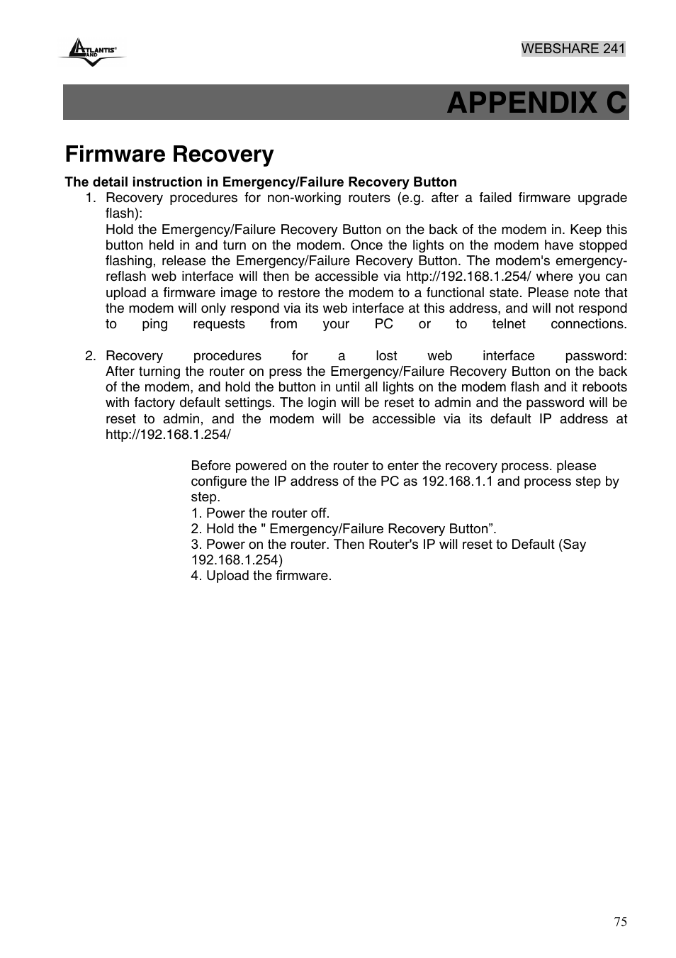 Appendix c, Firmware recovery | Atlantis Land WebShare 241 ROUTER ADSL2+ A02-RA241 User Manual | Page 81 / 82