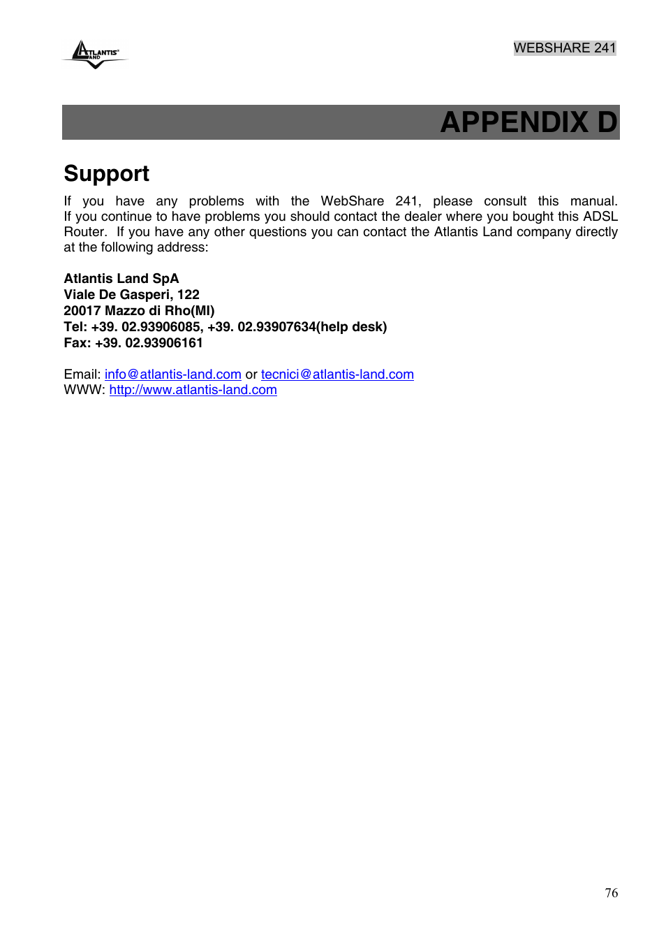 Appendix d, Support | Atlantis Land WebShare 241 ROUTER ADSL2+ A02-RA241 User Manual | Page 82 / 82
