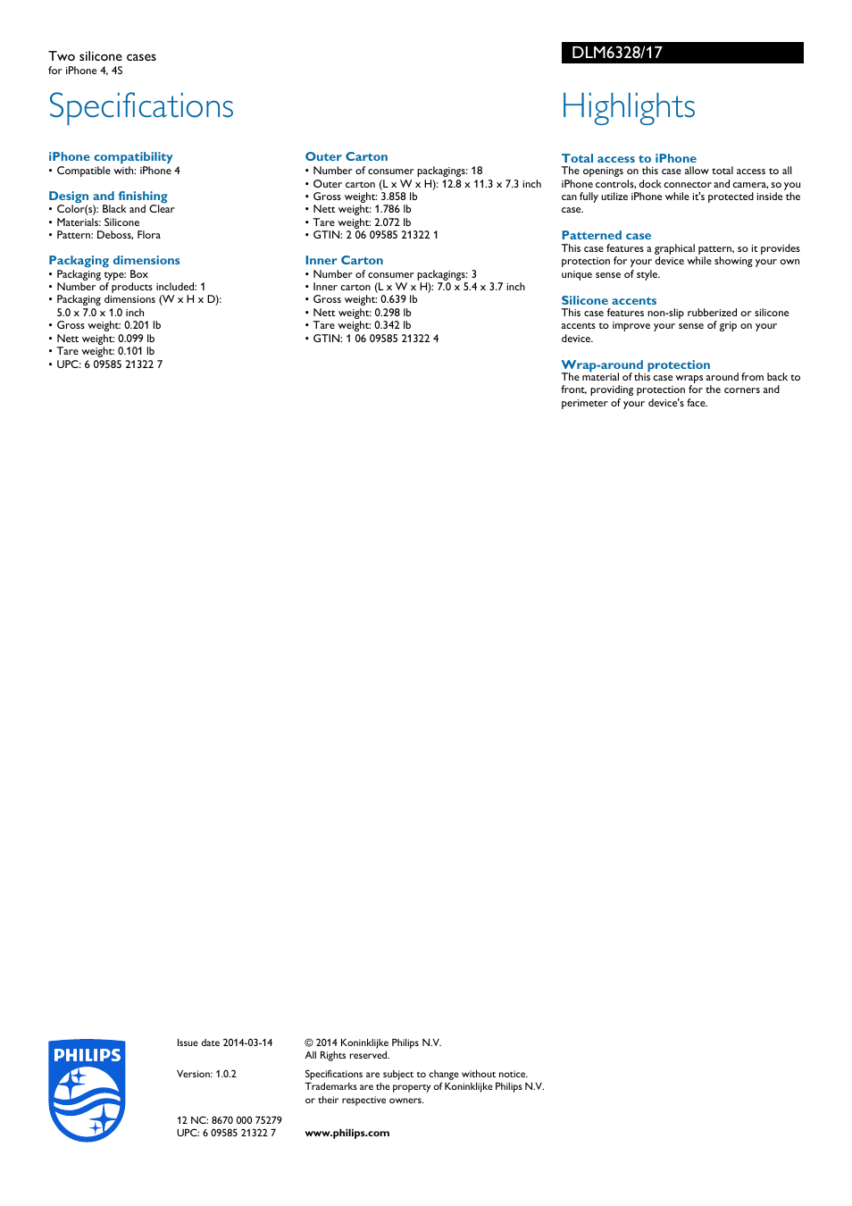 Specifications, Highlights | Philips DLM6328-17 User Manual | Page 2 / 2