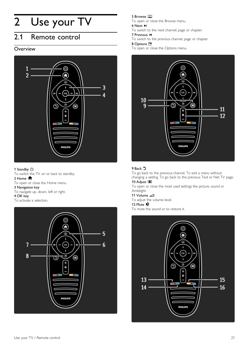 Use your tv, Remote control | Philips 32PFL9705H-12 User Manual | Page 21 / 92