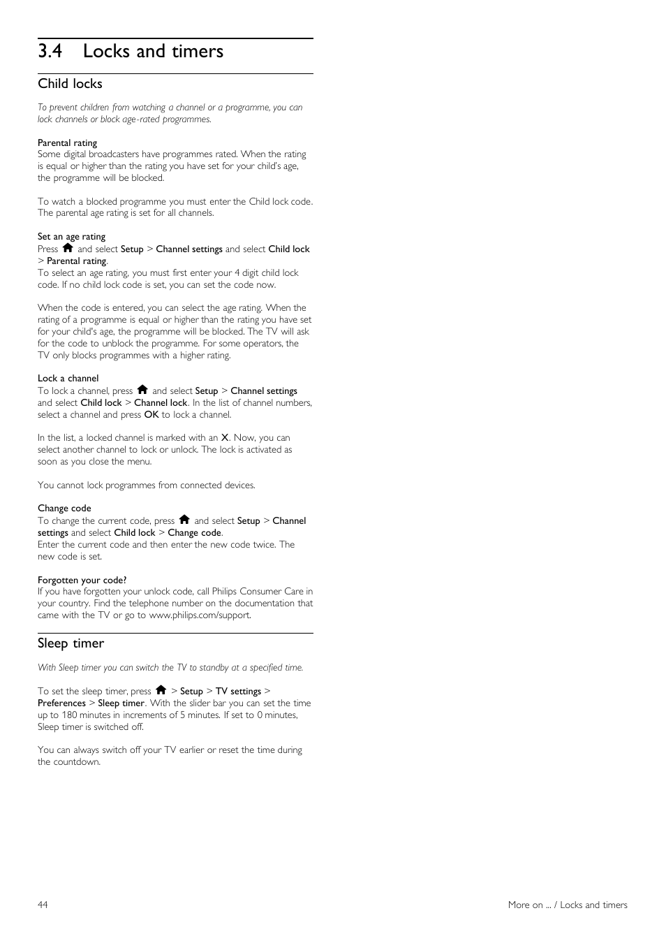 Locks and timers, 4 locks and timers, Child locks | Sleep timer | Philips 32PFL9705H-12 User Manual | Page 44 / 92