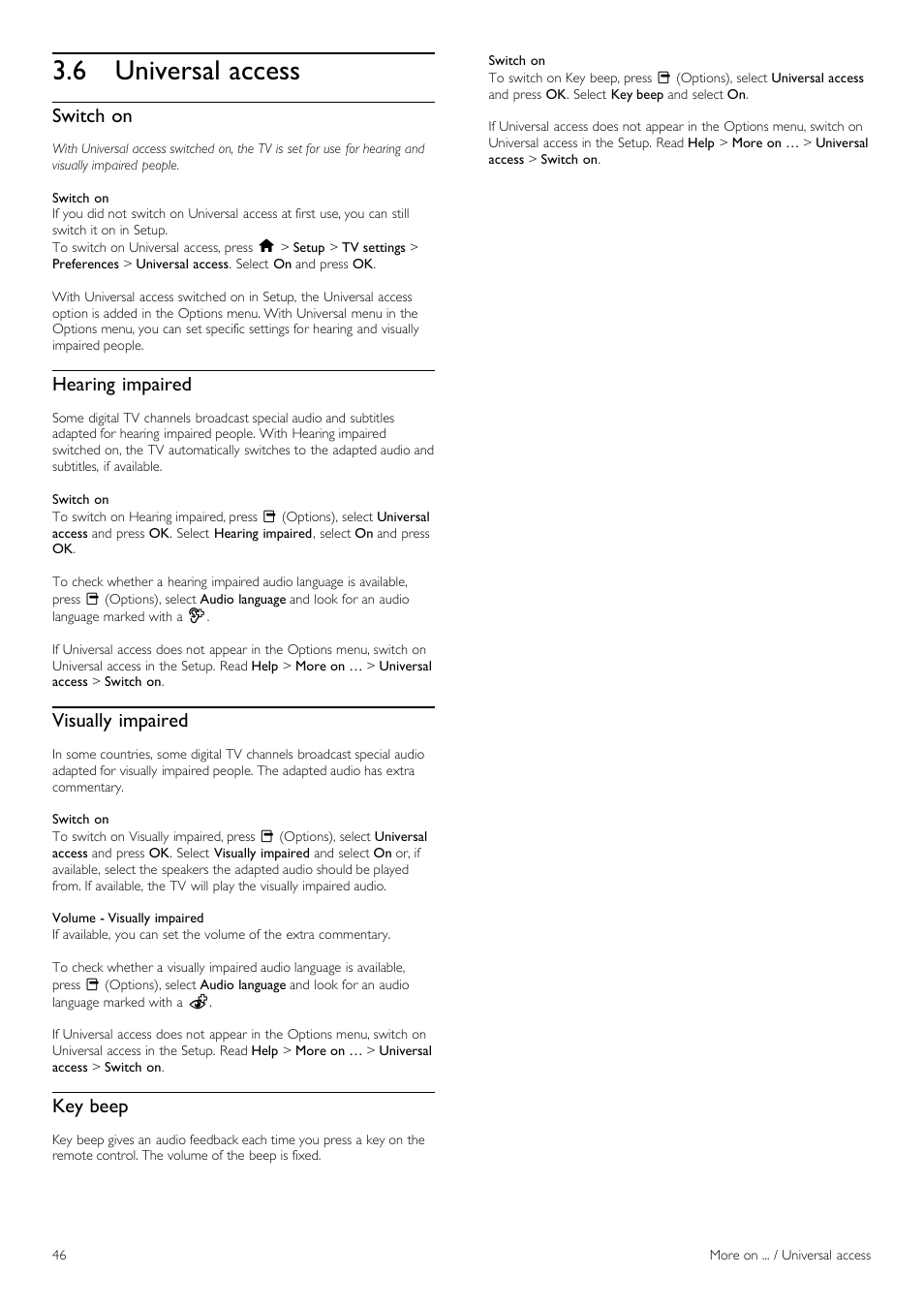 Universal access, 6 universal access, Switch on | Hearing impaired, Visually impaired, Key beep | Philips 32PFL9705H-12 User Manual | Page 46 / 92