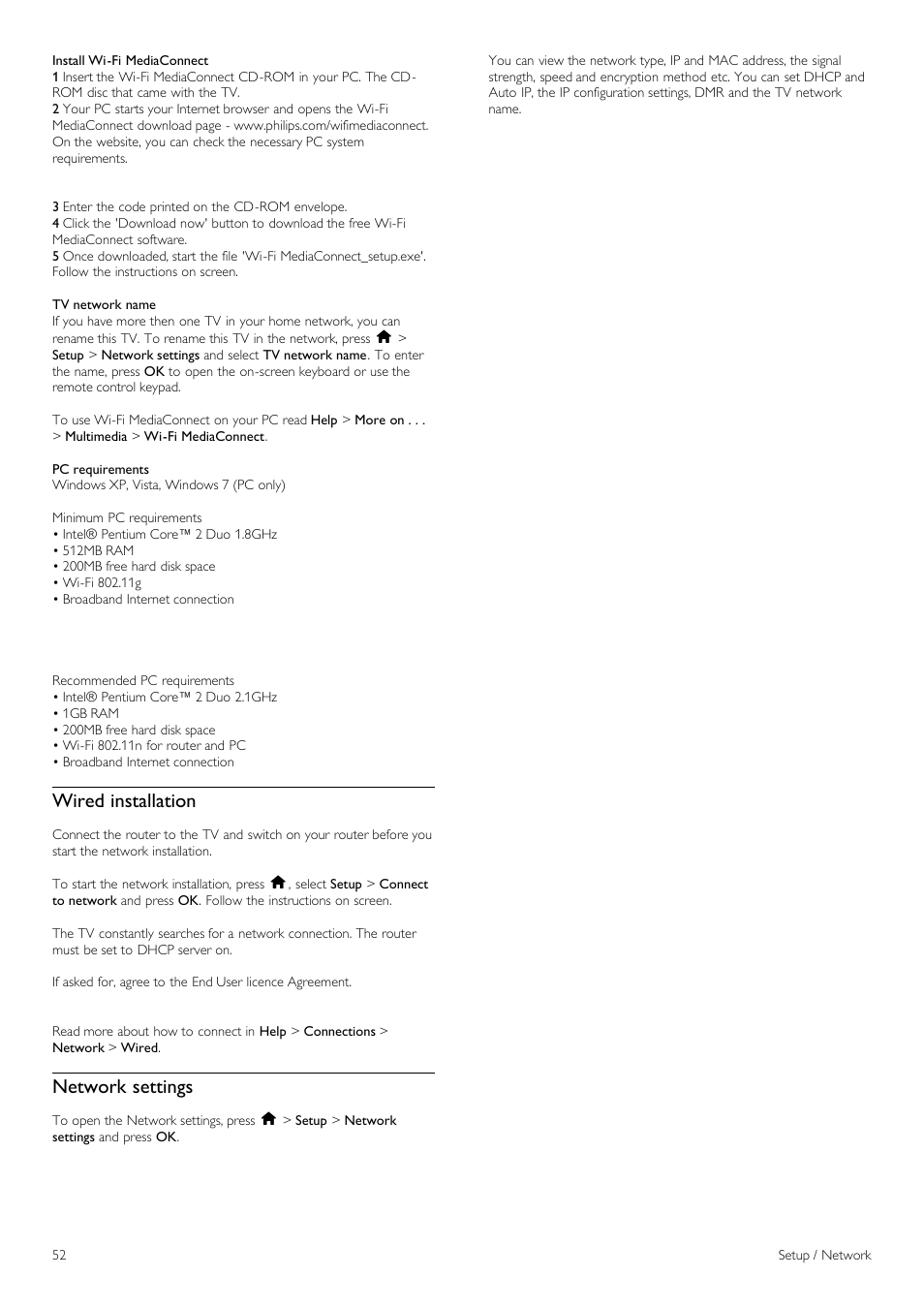 Wired installation, Network settings | Philips 32PFL9705H-12 User Manual | Page 52 / 92