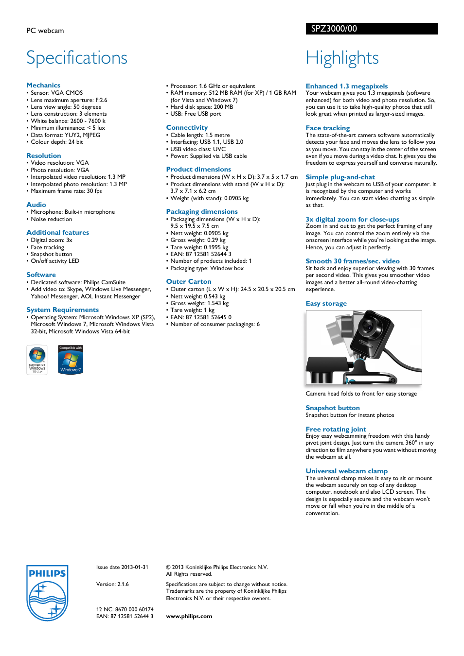 Specifications, Highlights | Philips SPZ3000-00 User Manual | Page 2 / 2