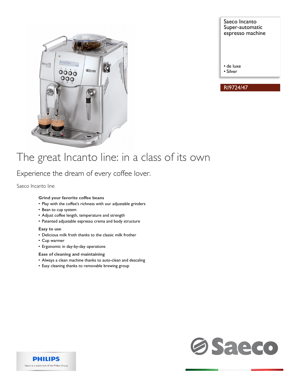 Philips Saeco Incanto Super-automatic espresso machine RI9724-47 de luxe Silver User Manual | 3 pages