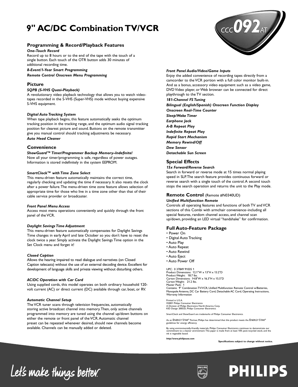 9" ac/dc combination tv/vcr, At ccc | Philips CCC092AT User Manual | Page 2 / 2