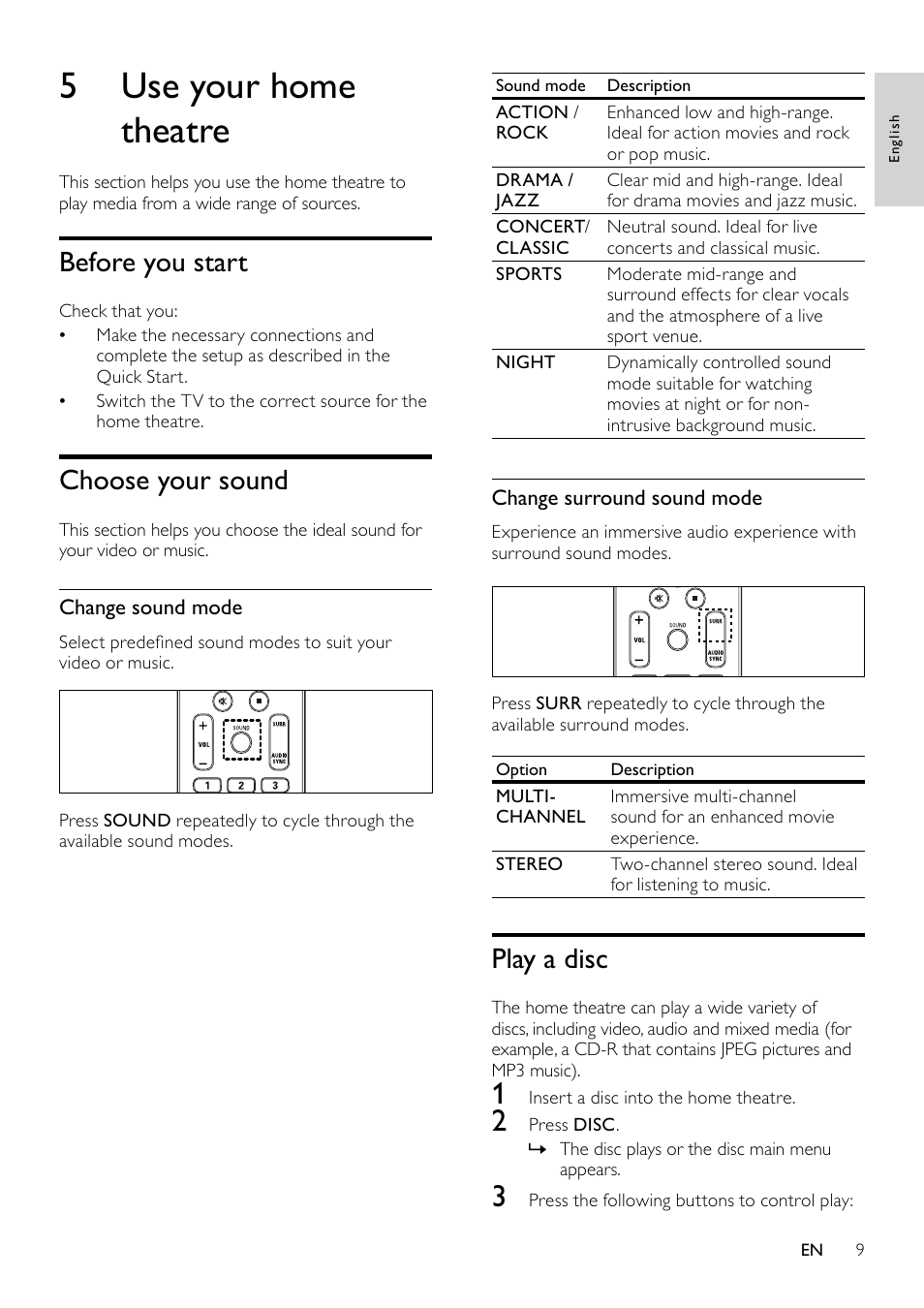 Connect audio from tv or other devices, Option 2: connect to the tv through scart, 5 use your home theatre | Play a disc, Before you start, Choose your sound | Philips HTS3530-05 User Manual | Page 11 / 24