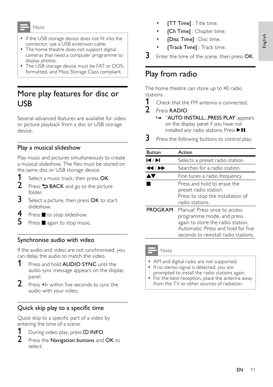 Use video options, Use picture options, Use audio options | Play from radio, More play features for disc or usb | Philips HTS3530-05 User Manual | Page 13 / 24