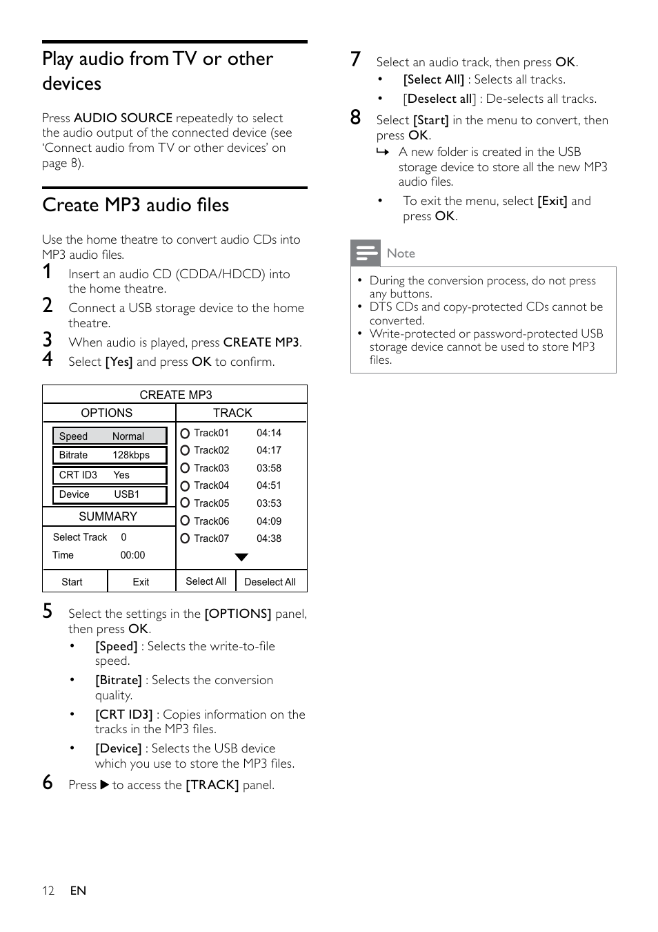 Play from a usb storage device, More play features for disc or usb, Play from radio | Play a musical slideshow, Synchronize audio with video, Quick skip play to a specific time, Play audio from tv or other devices, Create mp3 audio files | Philips HTS3530-05 User Manual | Page 14 / 24