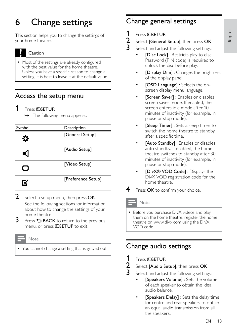 Play audio from tv or other devices, Create mp3 audio files, 6 change settings | Change general settings, Change audio settings, Access the setup menu | Philips HTS3530-05 User Manual | Page 15 / 24