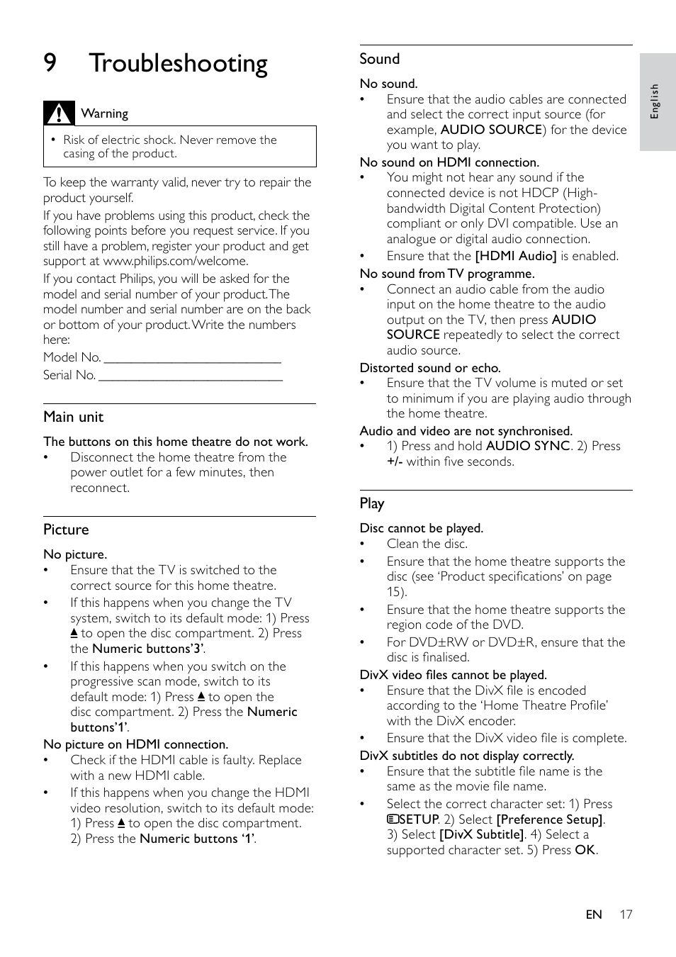 8 product specifications, 9 troubleshooting | Philips HTS3530-05 User Manual | Page 19 / 24