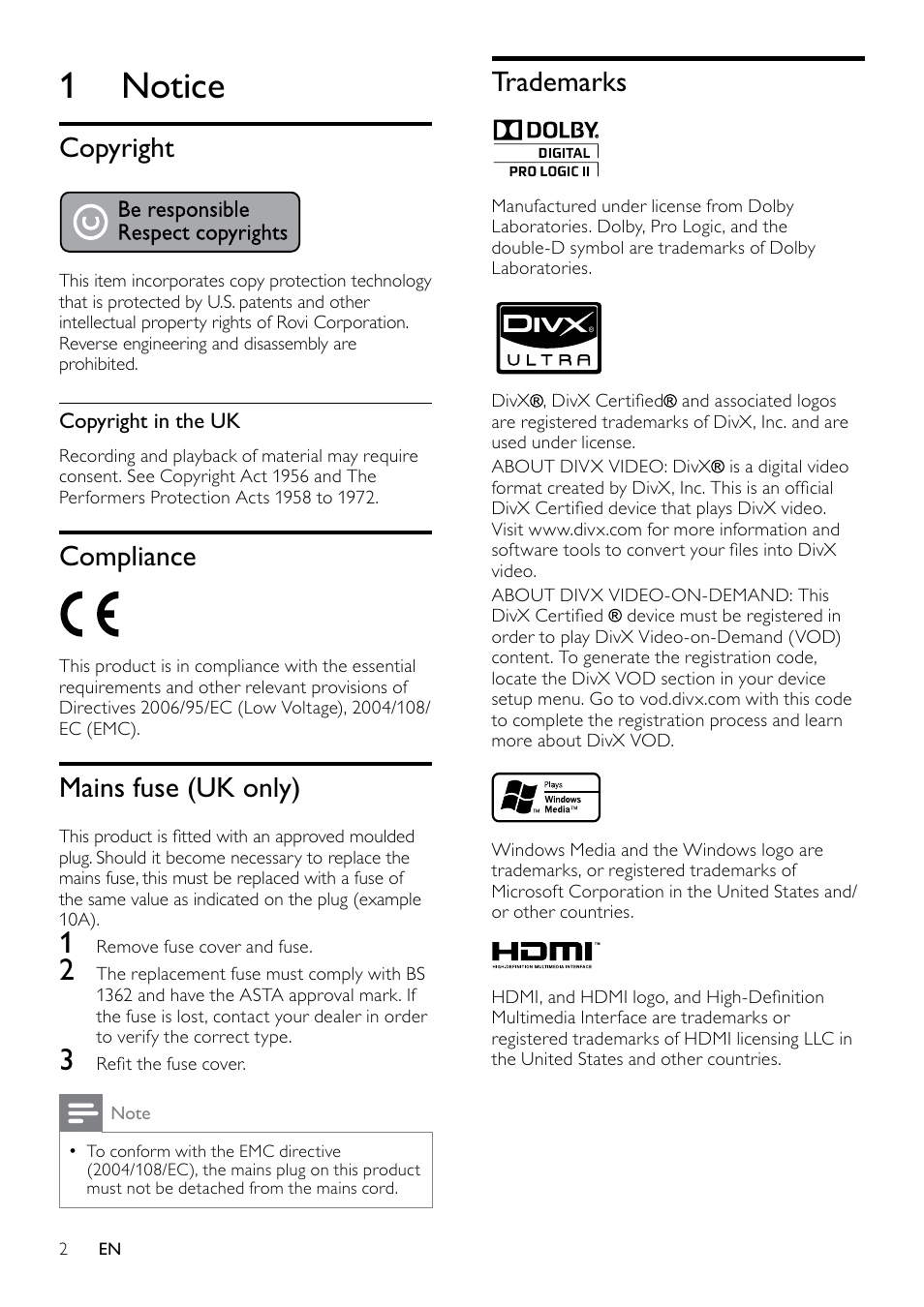 1 notice, Copyright, Compliance | Mains fuse (uk only), Trademarks, Copyright in the uk | Philips HTS3530-05 User Manual | Page 4 / 24
