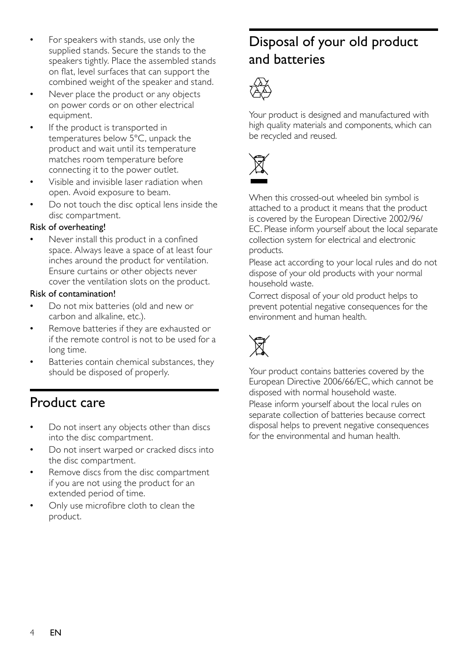 2 important, Safety, Product care | Disposal of your old product and batteries | Philips HTS3530-05 User Manual | Page 6 / 24