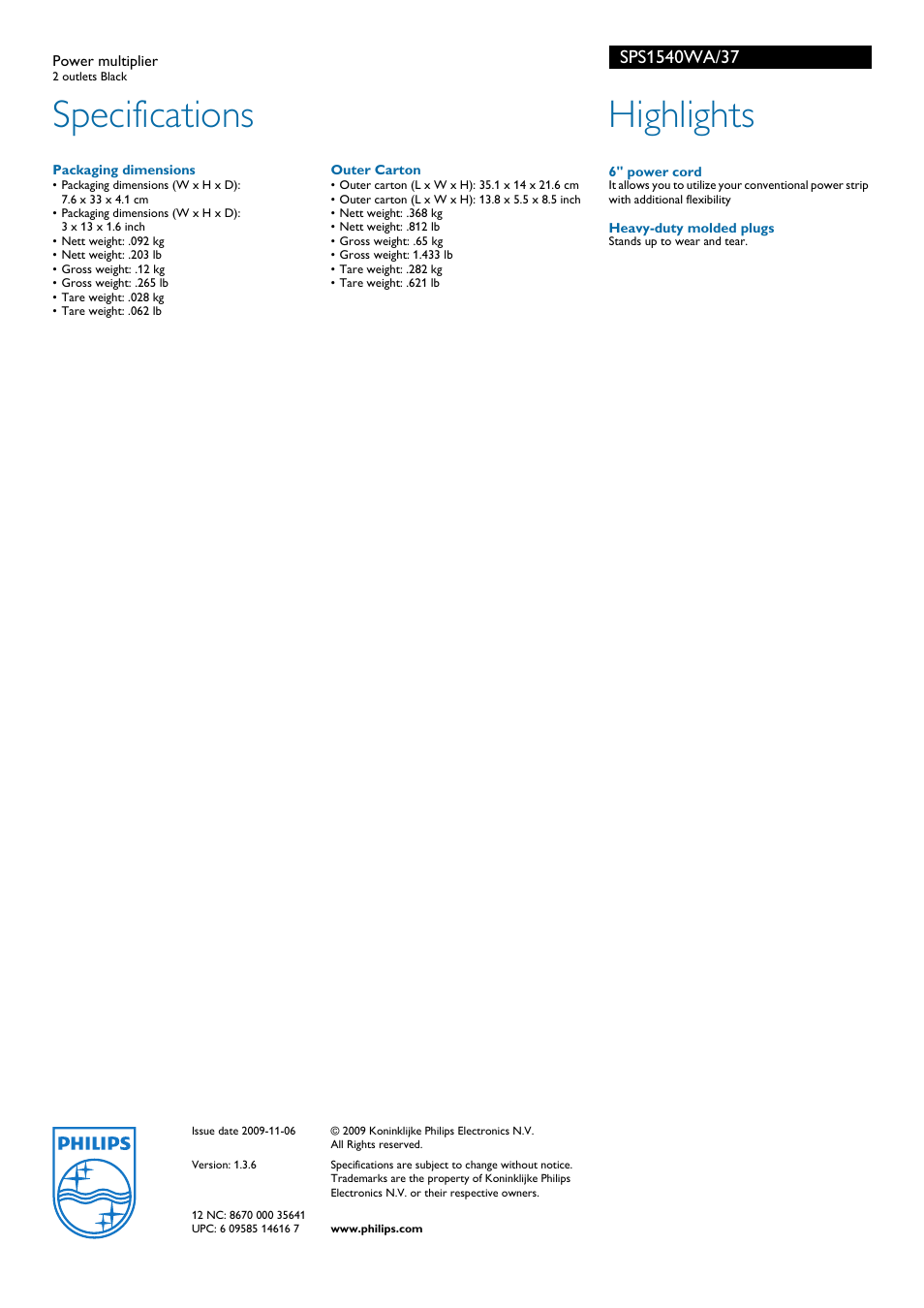 Specifications, Highlights | Philips SPS1540WA-37 User Manual | Page 2 / 2