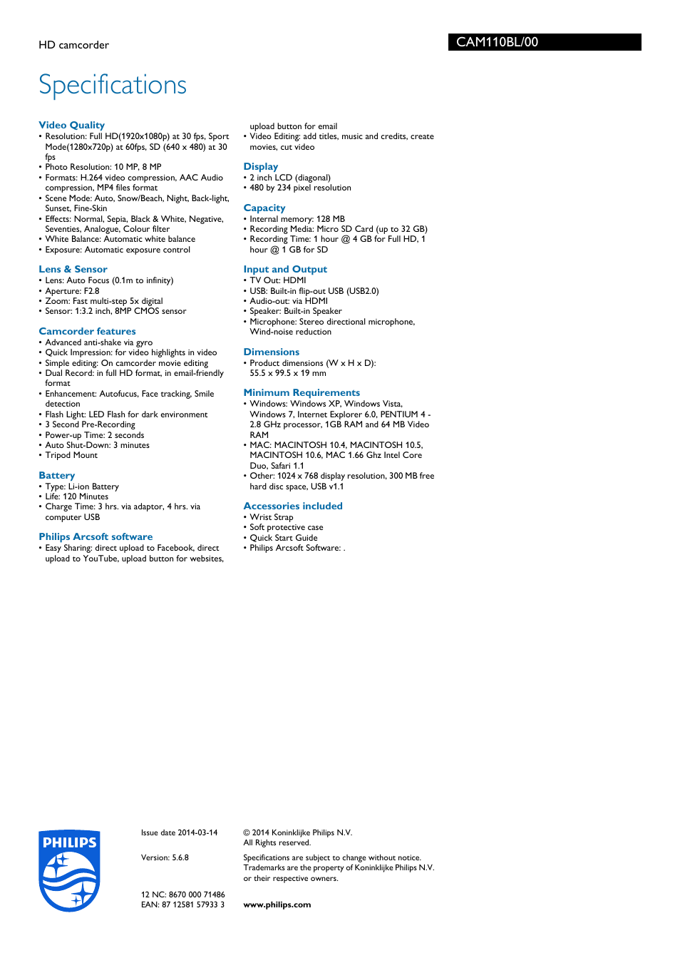 Specifications | Philips CAM110BL-00 User Manual | Page 3 / 3