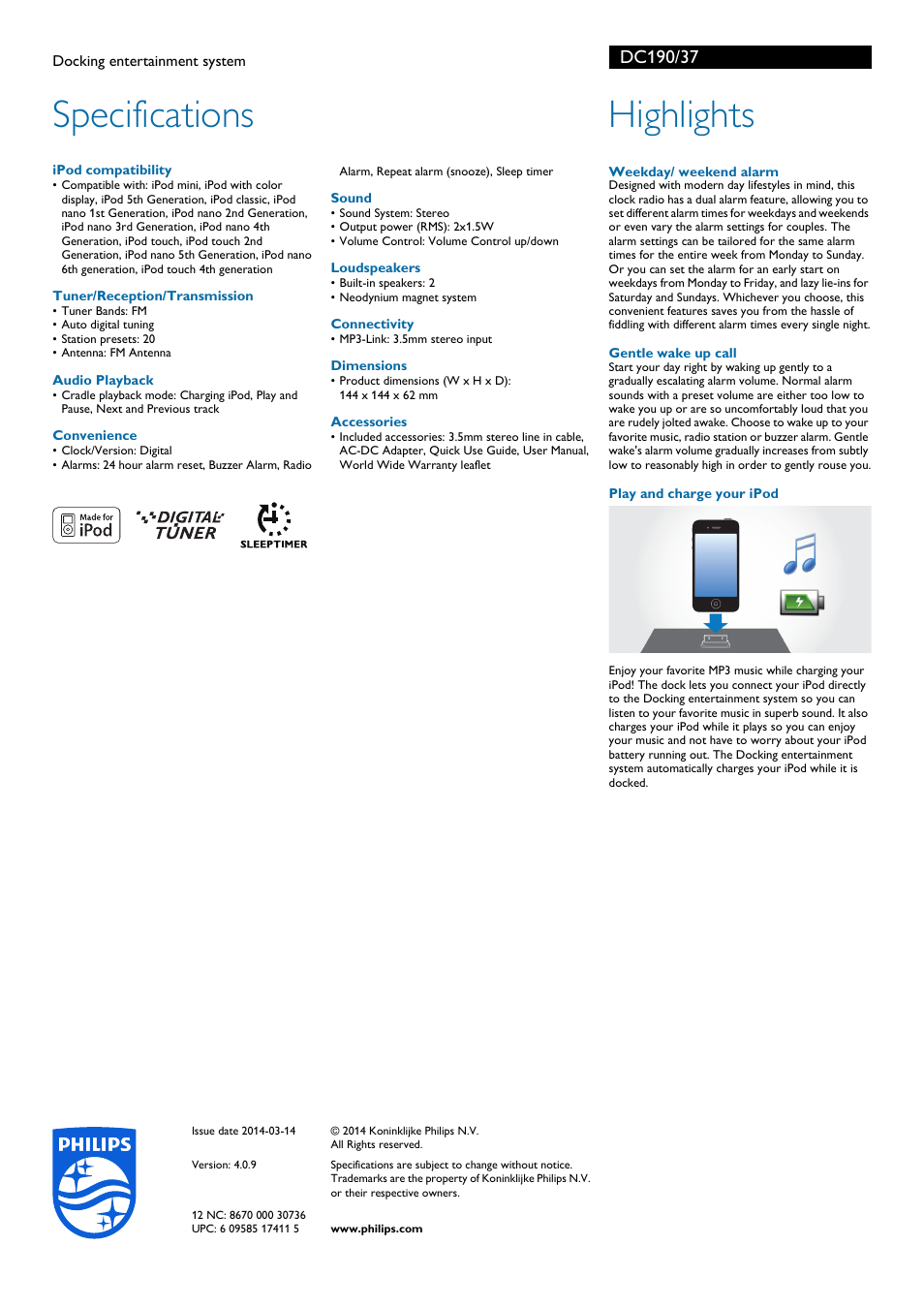 Specifications, Highlights | Philips DC190-37B User Manual | Page 2 / 2