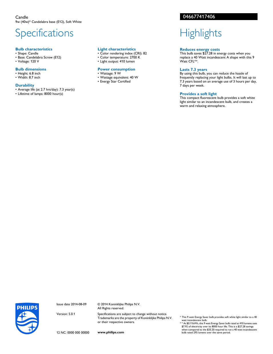 Specifications, Highlights | Philips 046677417406 User Manual | Page 2 / 2
