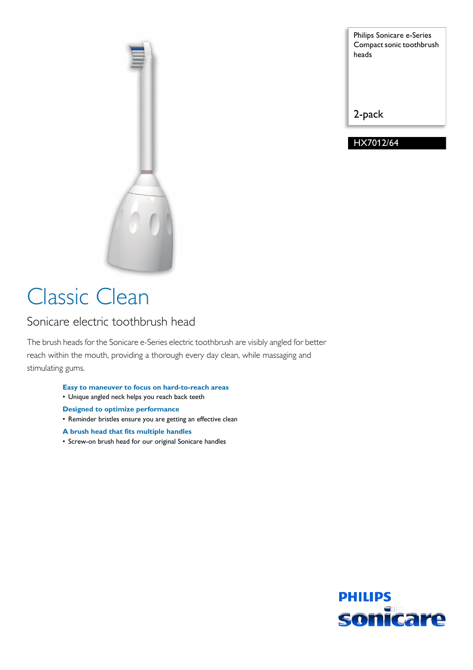 Philips Sonicare e-Series Compact sonic toothbrush heads HX7012-64 2-pack User Manual | 2 pages