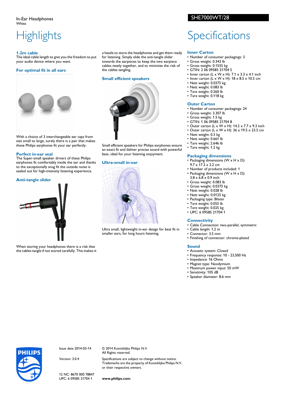 Highlights, Specifications | Philips SHE7000WT-28 User Manual | Page 2 / 2