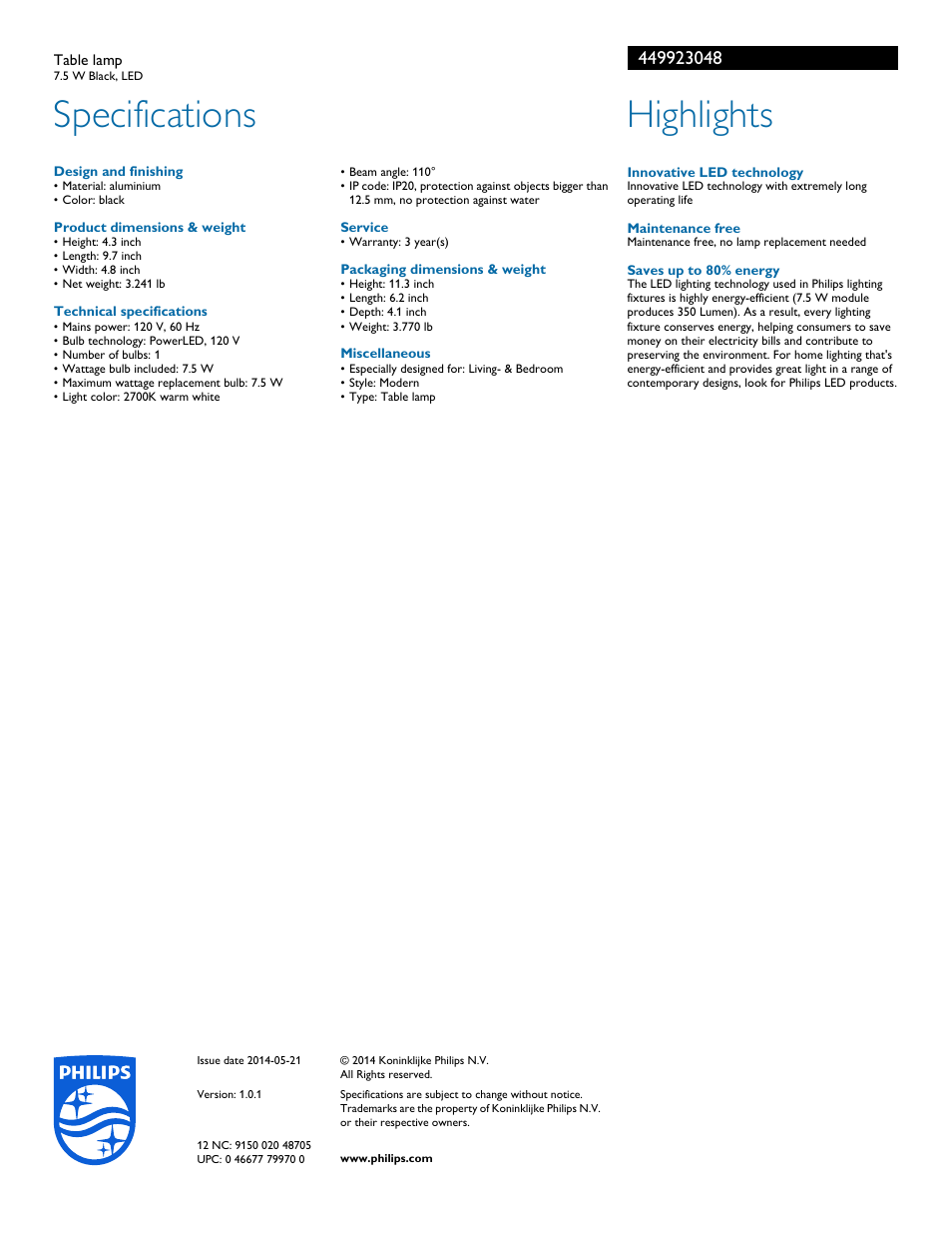 Specifications, Highlights | Philips 449923048 User Manual | Page 2 / 2