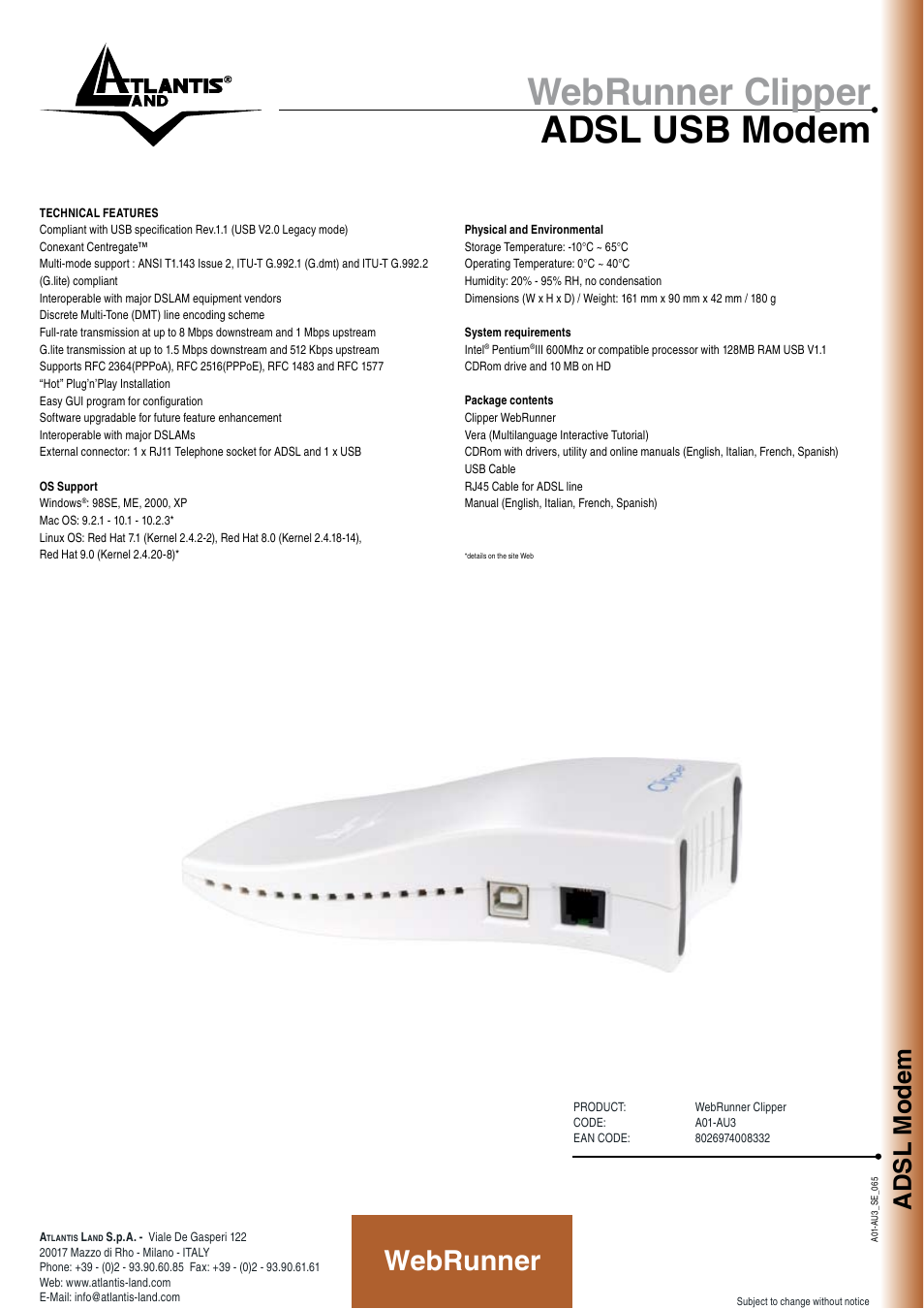Webrunner clipper adsl usb modem, Webrunner, Adsl modem | Atlantis Land A01-AU3 User Manual | Page 2 / 2