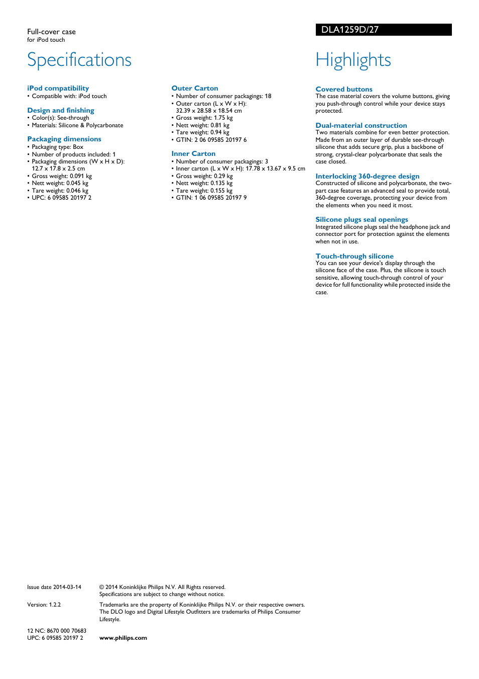 Specifications, Highlights | Philips DLA1259D-27 User Manual | Page 2 / 2