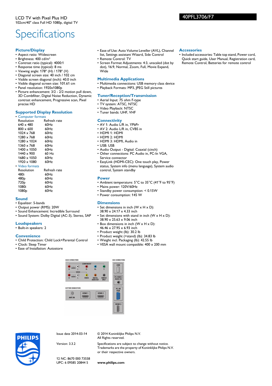 Specifications | Philips 40PFL3706-F7 User Manual | Page 3 / 3