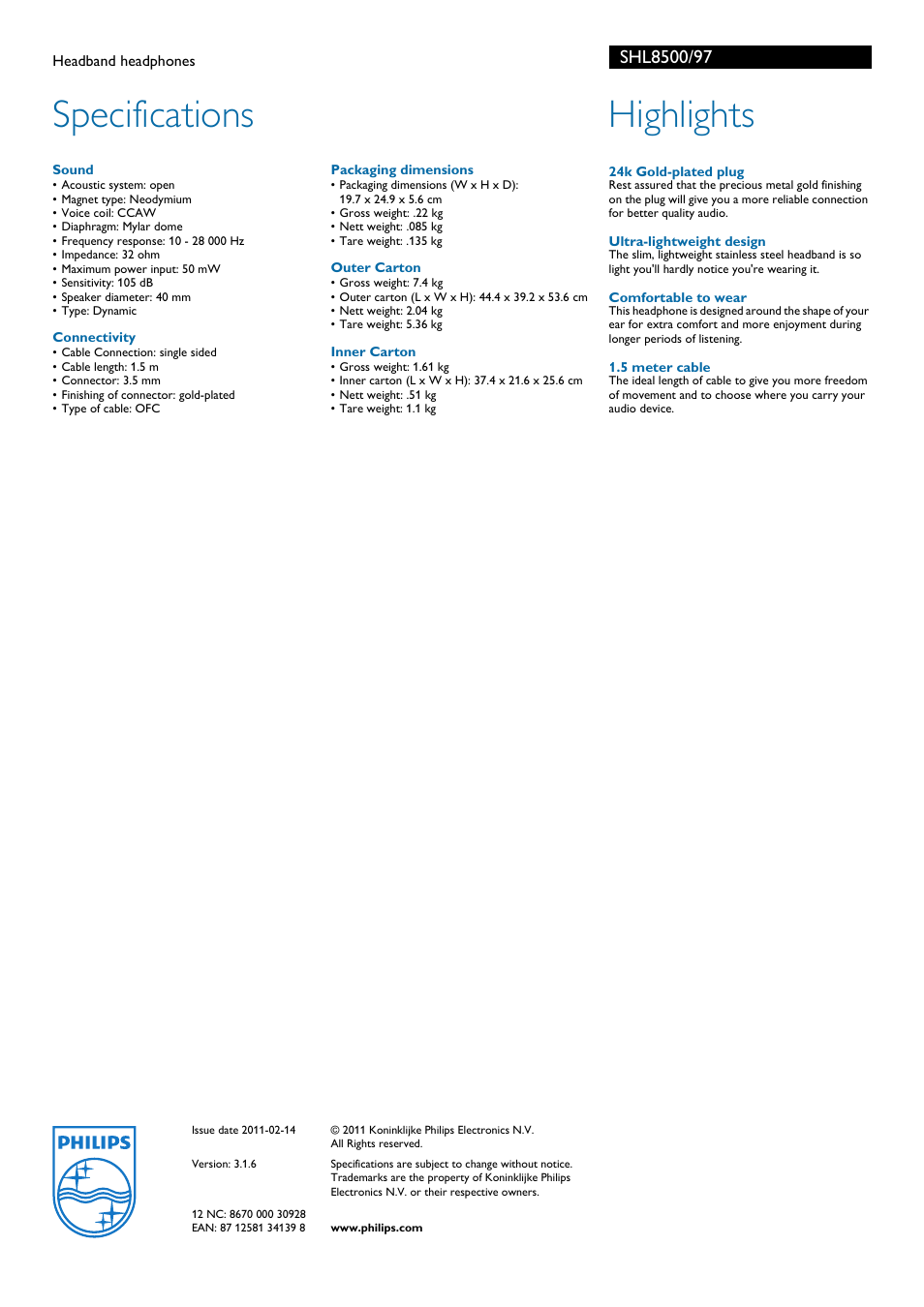 Specifications, Highlights | Philips SHL8500-97 User Manual | Page 2 / 2