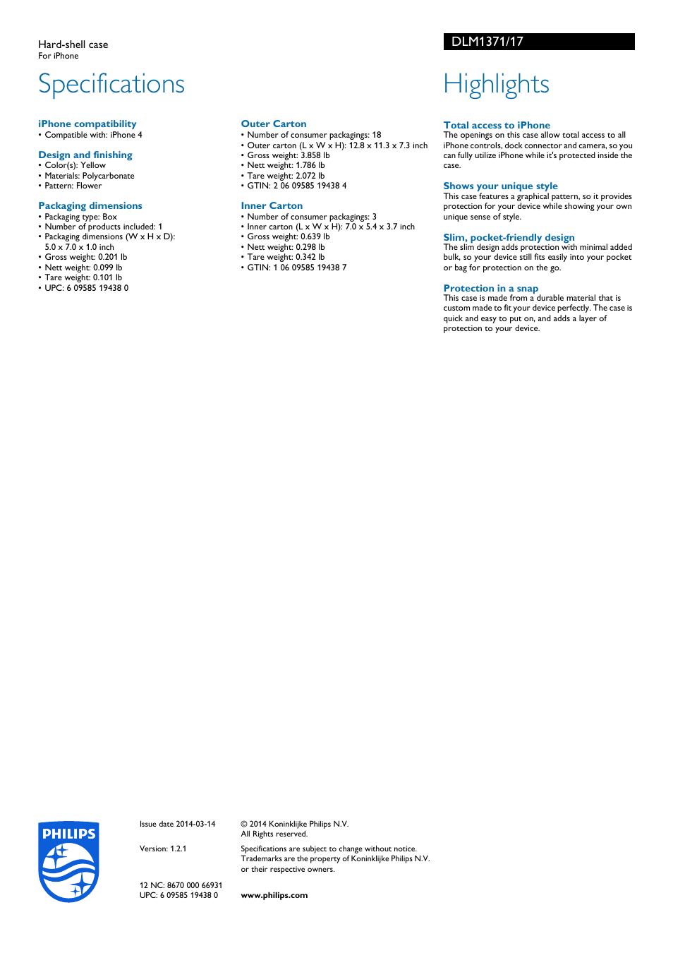 Specifications, Highlights | Philips DLM1371-17 User Manual | Page 2 / 2