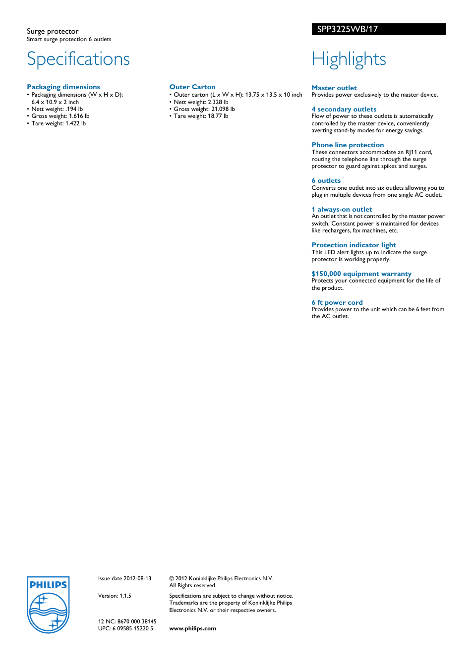 Specifications, Highlights | Philips SPP3225WB-17 User Manual | Page 2 / 2