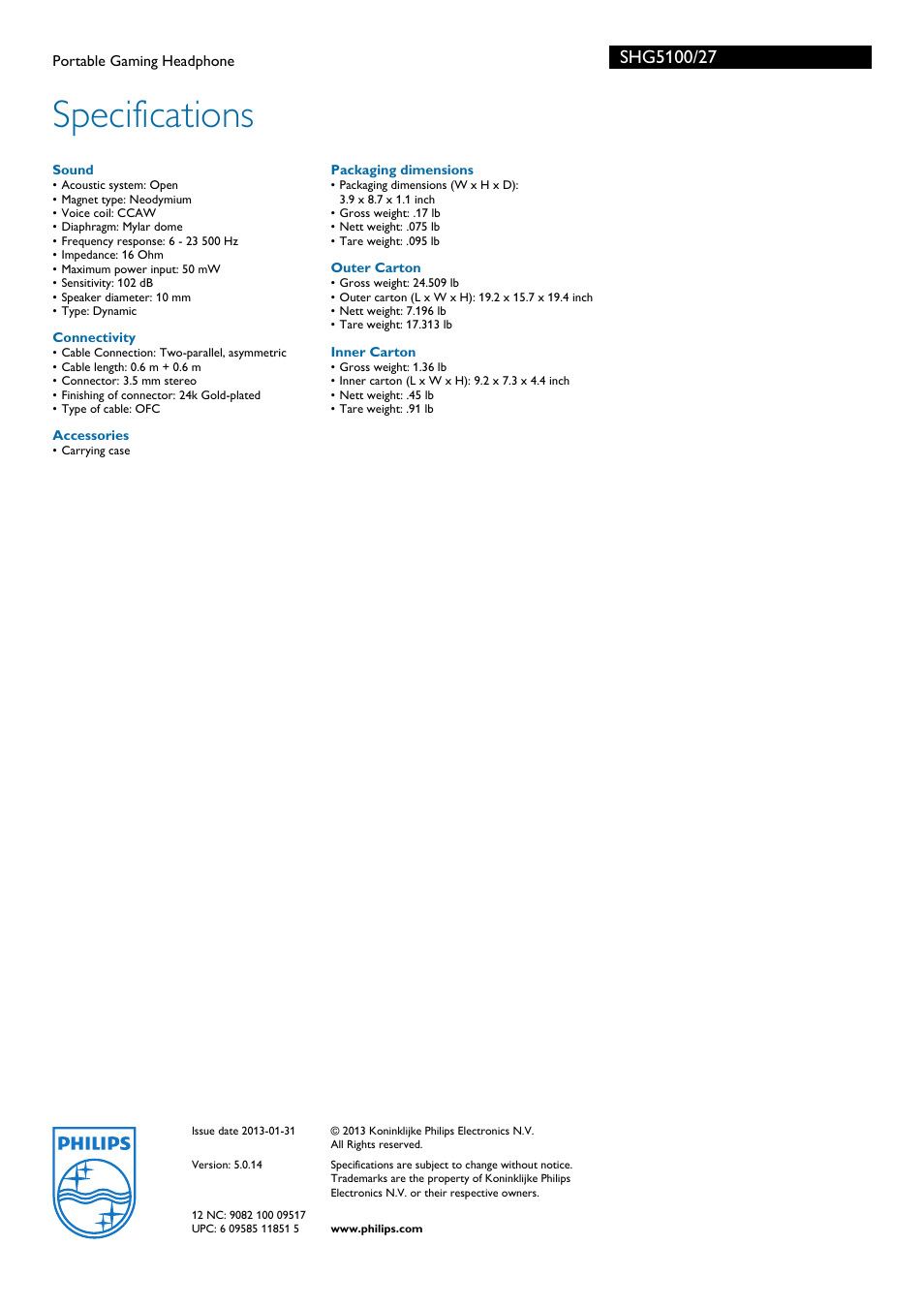 Specifications | Philips SHG5100-27 User Manual | Page 2 / 2