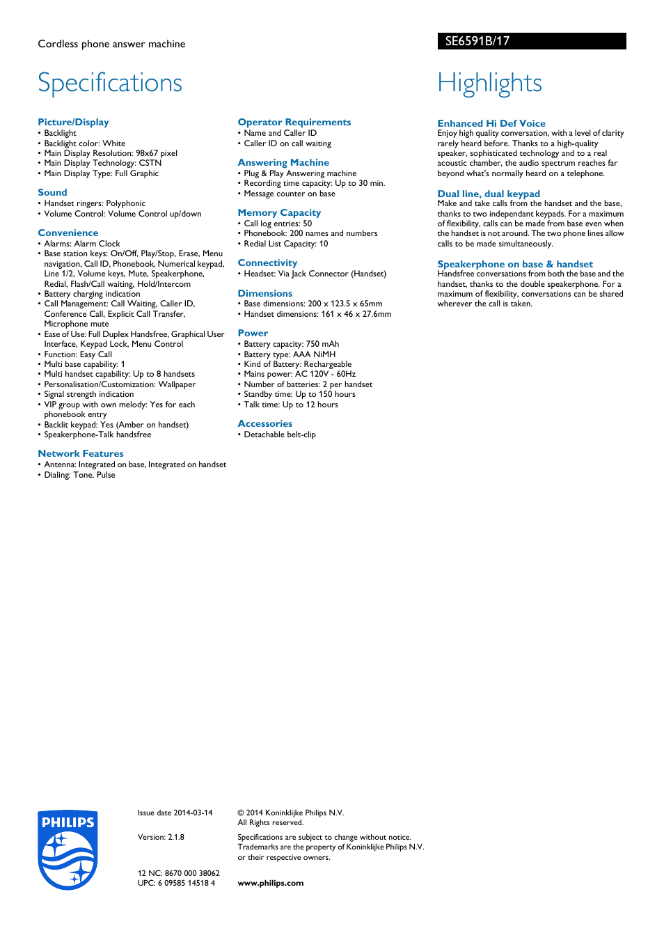 Specifications, Highlights | Philips SE6591B-17 User Manual | Page 2 / 2