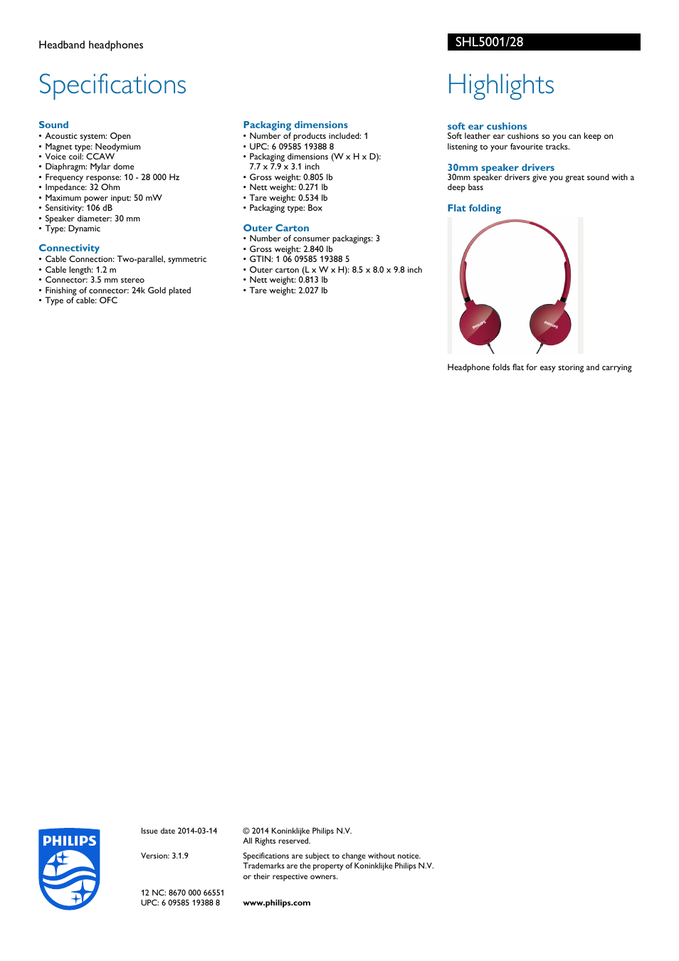 Specifications, Highlights | Philips SHL5001-28 User Manual | Page 2 / 2