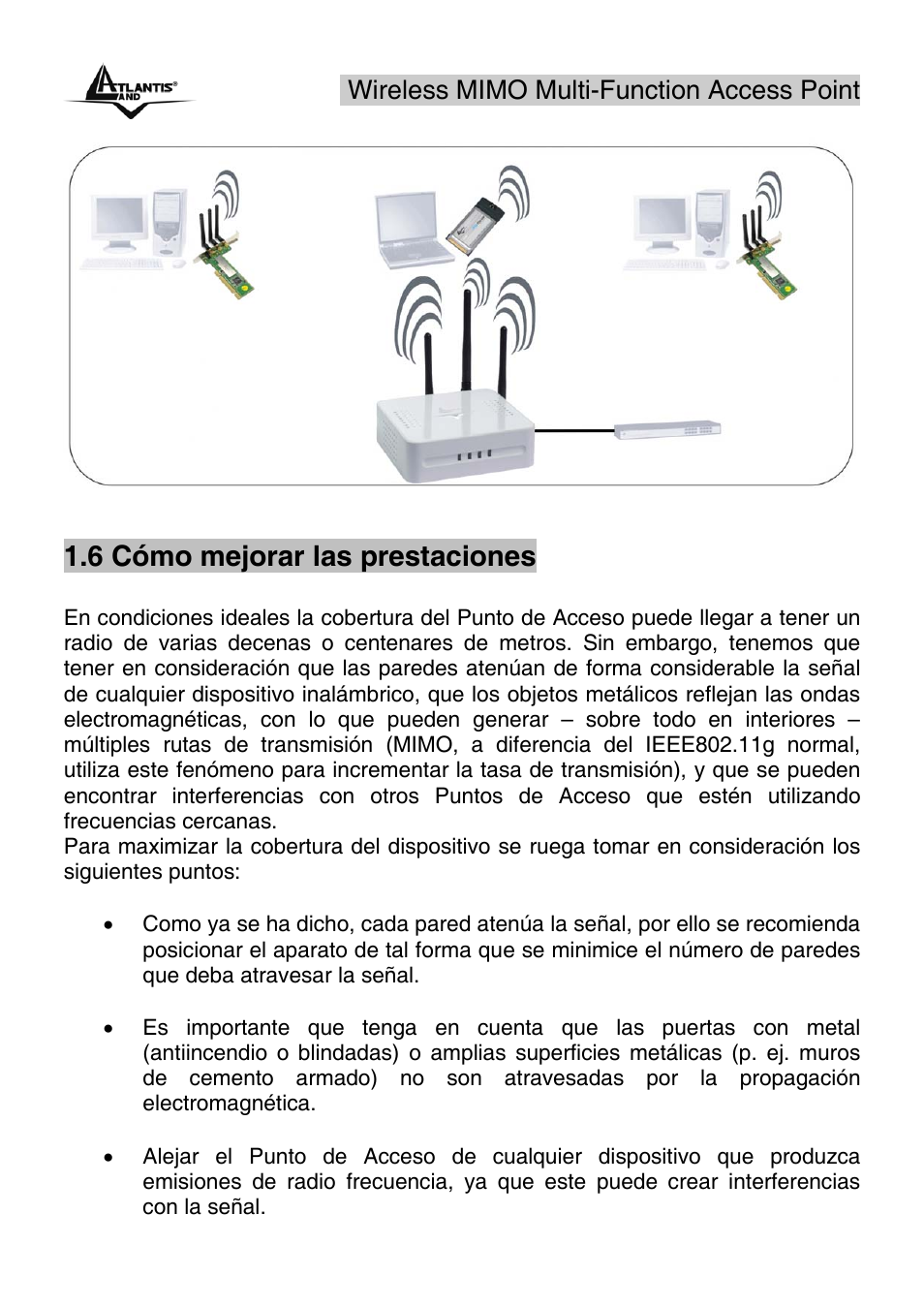 6 cómo mejorar las prestaciones, Wireless mimo multi-function access point | Atlantis Land A02-AP2-W54M_MS01 User Manual | Page 10 / 60