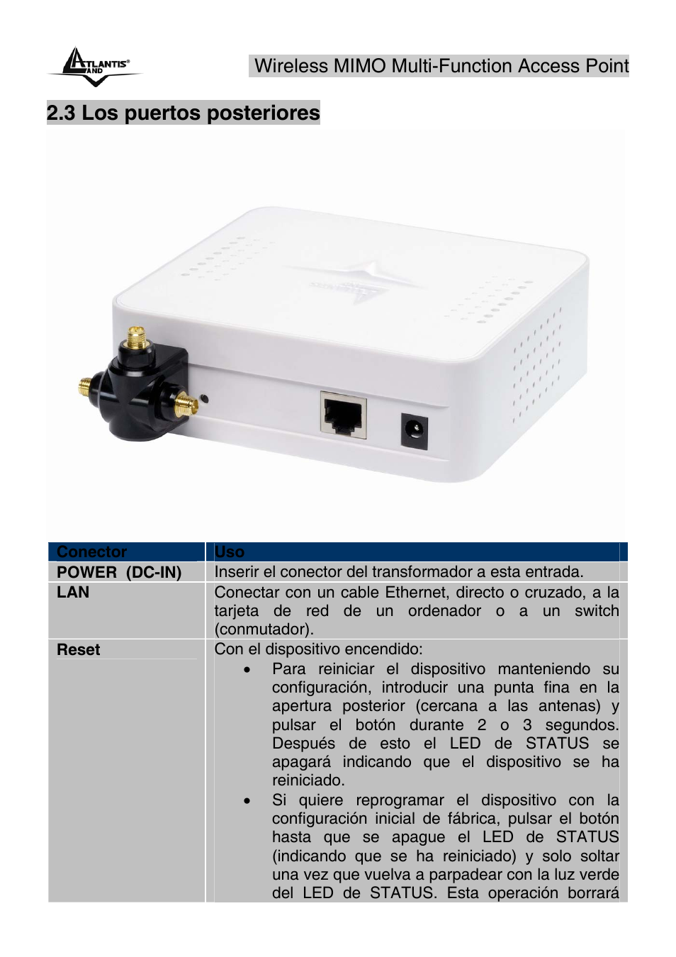 3 los puertos posteriores, Wireless mimo multi-function access point | Atlantis Land A02-AP2-W54M_MS01 User Manual | Page 14 / 60