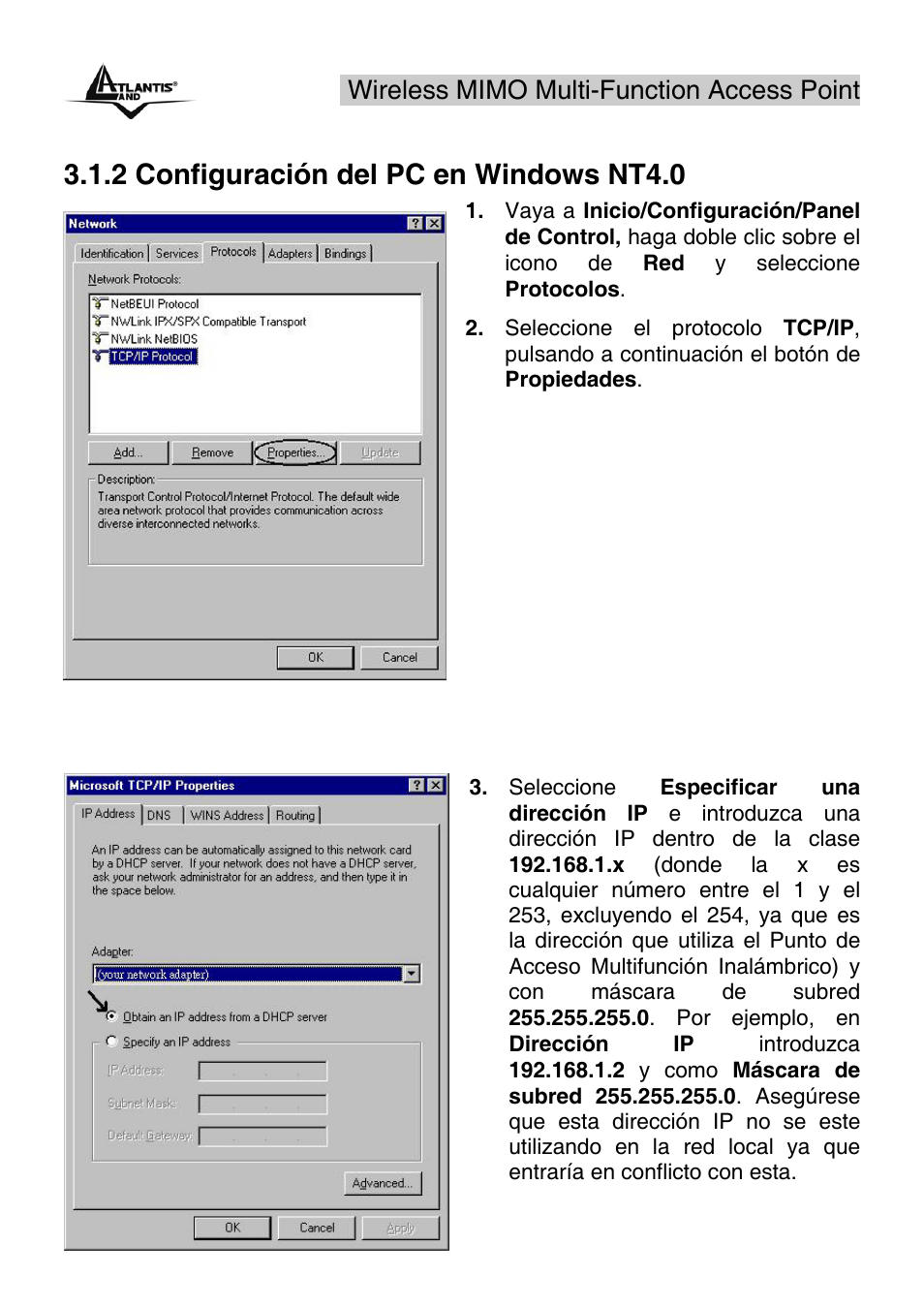 2 configuración del pc en windows nt4.0, Wireless mimo multi-function access point | Atlantis Land A02-AP2-W54M_MS01 User Manual | Page 19 / 60