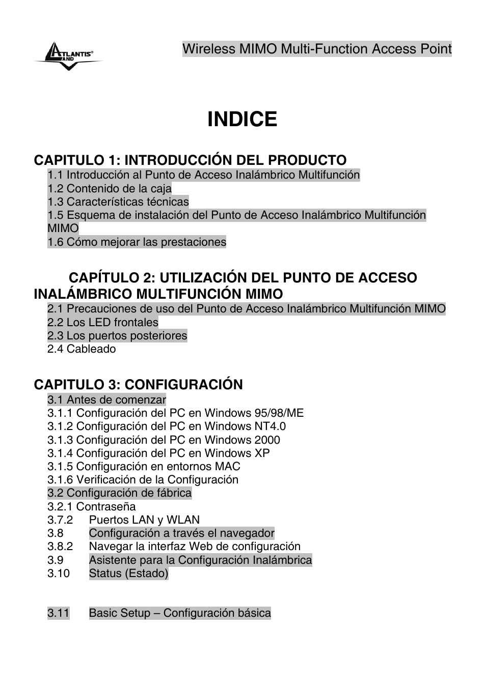 Indice | Atlantis Land A02-AP2-W54M_MS01 User Manual | Page 2 / 60